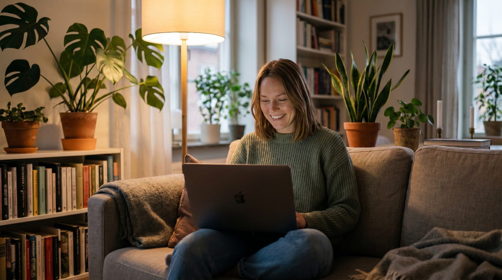 Sofia at home in the evening, opening her candidate room on a laptop